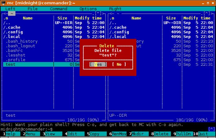 Midnight Commander Delete Confirmation Dialog