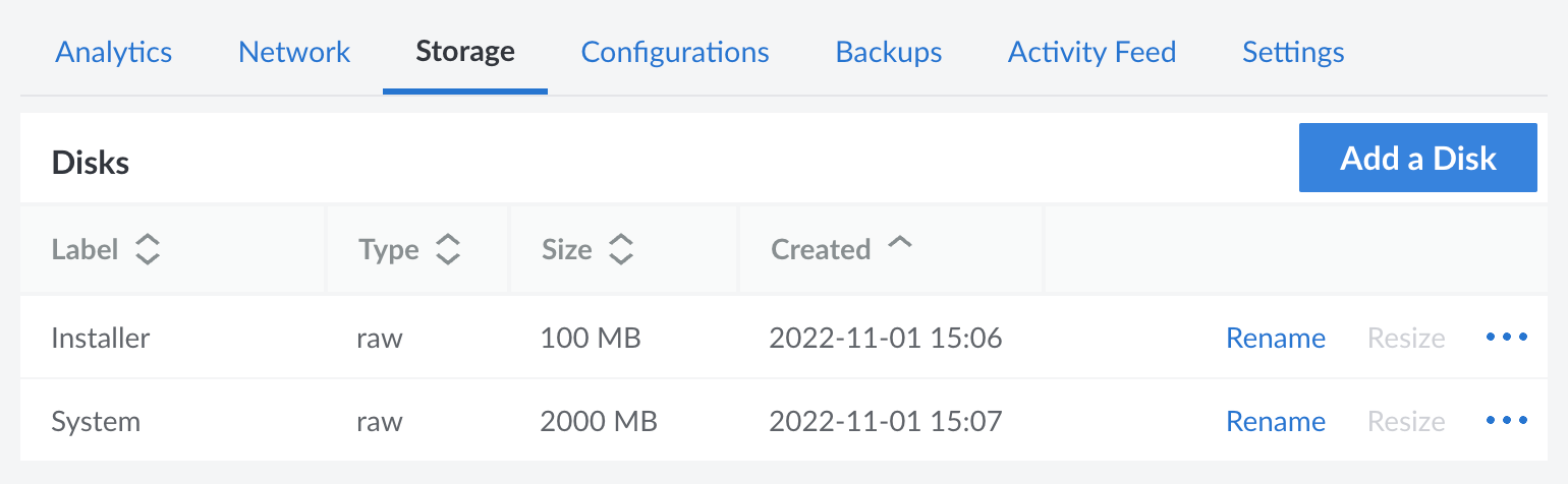Screenshot of the Storage tab with the disks created