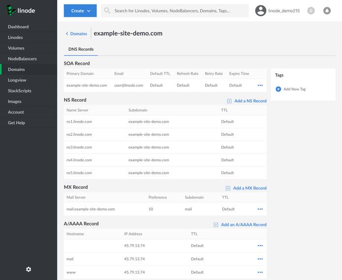 The SOA record is set to &ldquo;example-site-demo.com&rdquo;. The NS records are set to &ldquo;ns1.linode.com&rdquo; through &ldquo;ns5.linode.com&rdquo;, inclusive. The MX record is set to &ldquo;mail.example-site-demo.com&rdquo;. There are A records for [blank], which is the primary domain, and the &ldquo;mail&rdquo; and &ldquo;www&rdquo; subdomains. They are all set to the same IP.